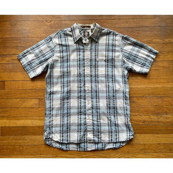 TIMBERLAND Textured Brown/Blue Plaid Button Down Shirt sz M - Picture 2 of 10